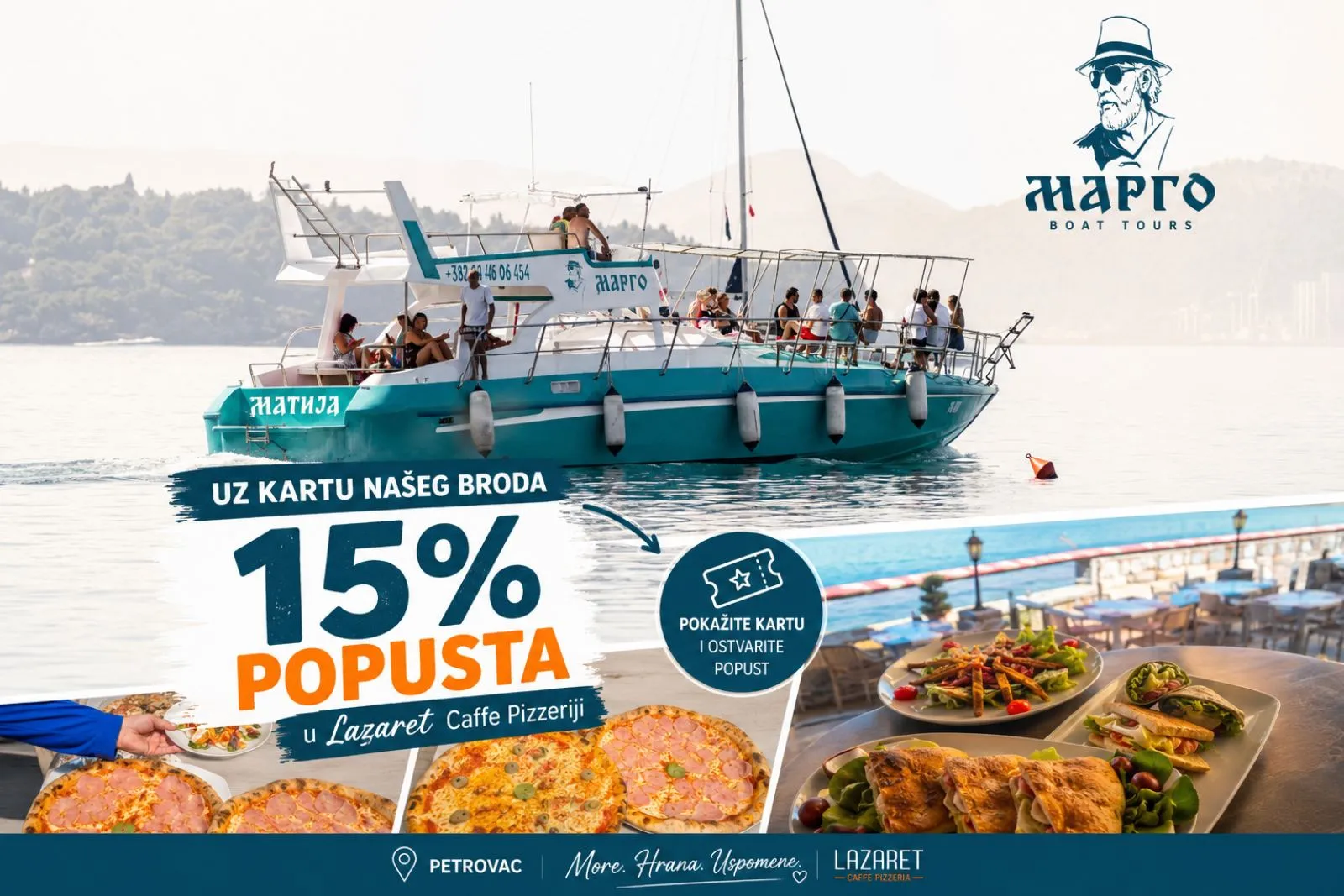 Margo brod na moru i jela iz Lazaret Caffe Pizzerije — promotivni baner